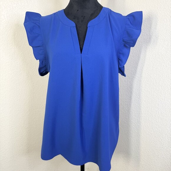 Dokotoo Womens Royal Blue Ruffle Sleeve Blouse L 100% Polyester Lightweight‎ Top - Picture 1 of 6